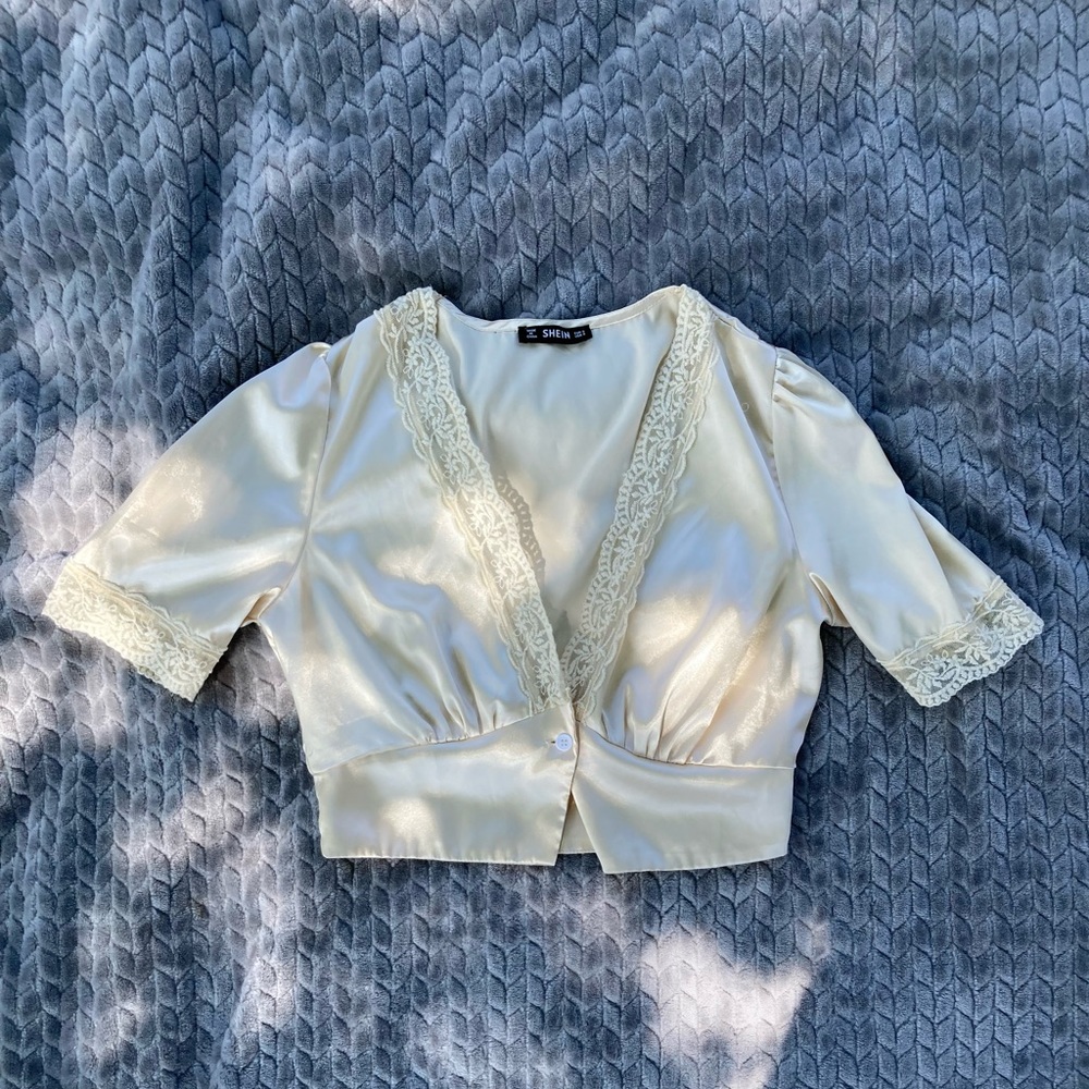 Silky Cream Cropped Blouse (SHEIN)